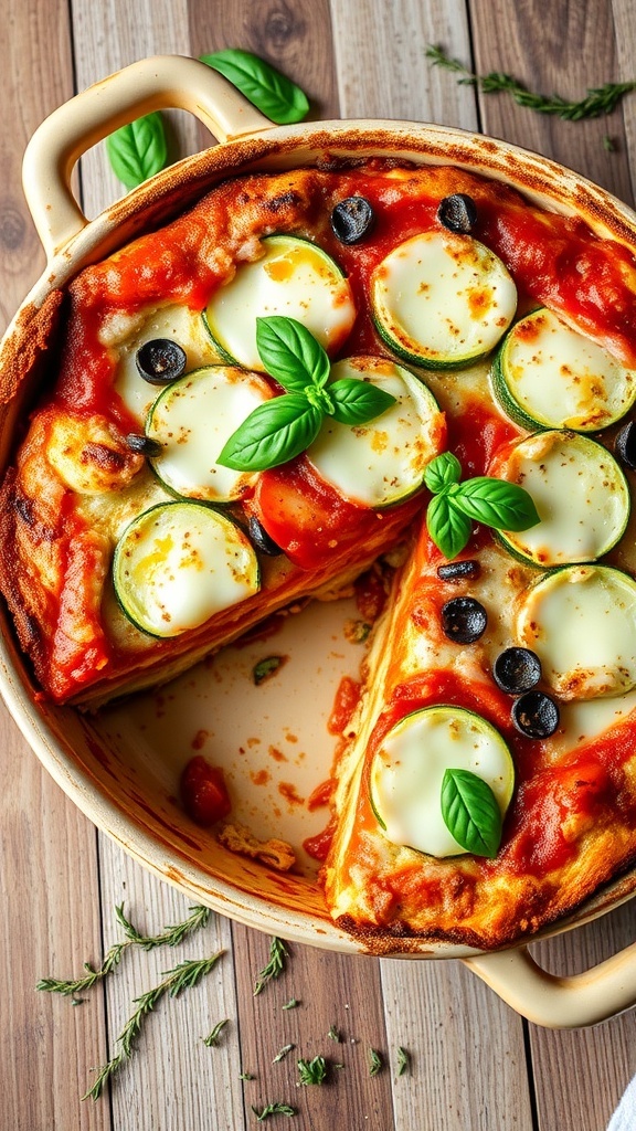 A baked zucchini pizza casserole with layers of zucchini, marinara, and cheese, garnished with basil, on a wooden table.